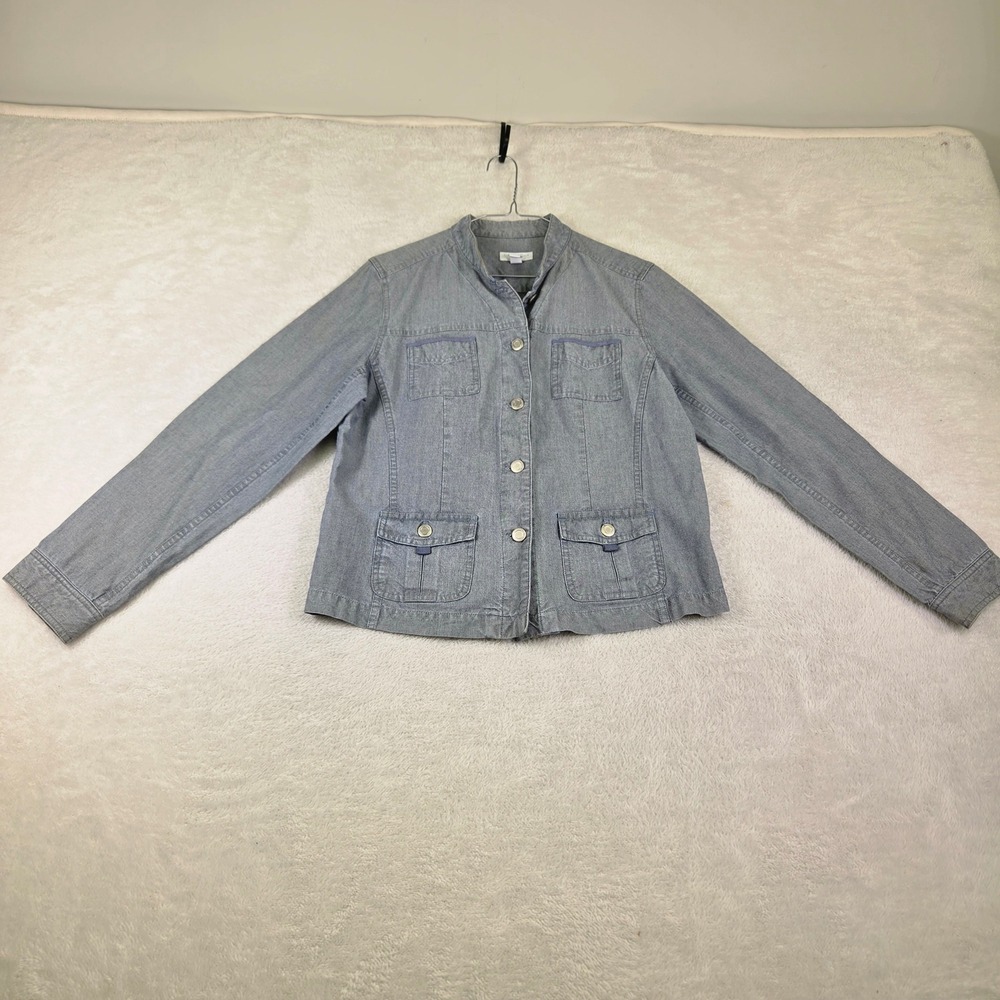 Charter Club Petite Blue Chambray Utility Jacket Mock Neck Cotton Tencel Medium